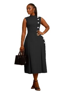 High-Neck Black Midi Dress with Diagonal Button Detail